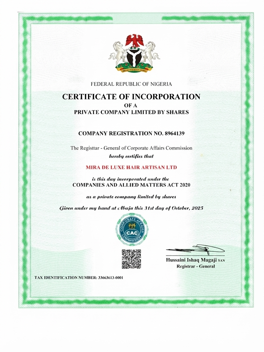 Certificate of incorporation for Mira De Luxe Hair Artisan Limited